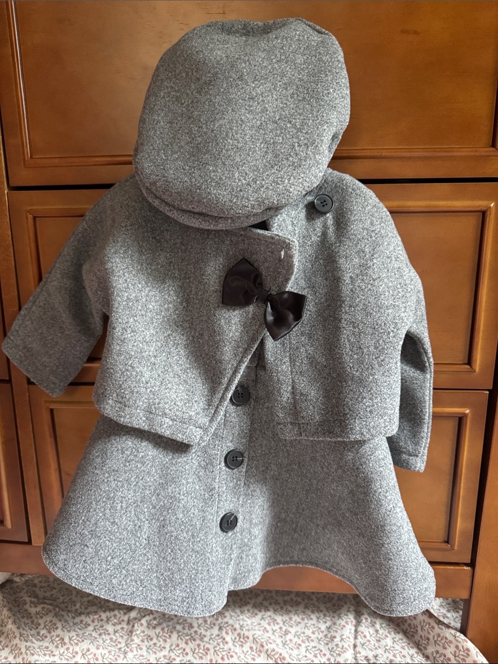 Classic Gray Girls' Pea Coat with Bow and Matching Hat
